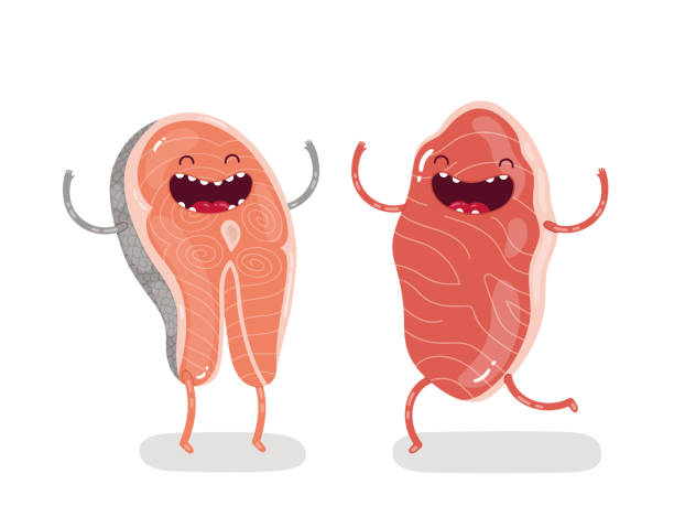 Cute doodle characters marble beef steak and salmon steak are the best friends forever. Cute doodle characters marble beef steak and salmon steak are the best friends forever. Isolated vector illustration. meat cartoon stock illustrations