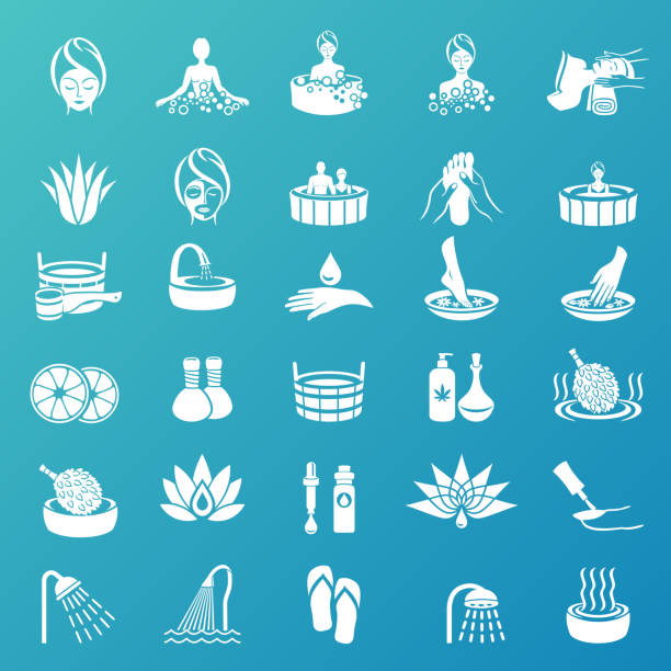 illustrazioni stock, clip art, cartoni animati e icone di tendenza di spa & beauty icons sullo sfondo turchese - water lily swimming pool health spa water