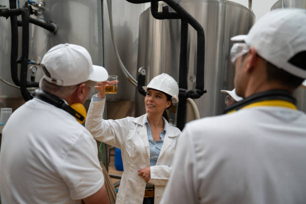 istock Group of workers at a brewery looking at a beer sample 1206641697