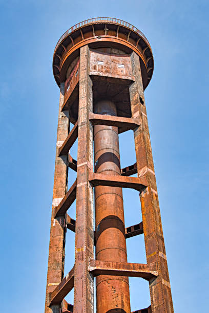 Historic steel water tower on the site of a former freight yard in Berlin.