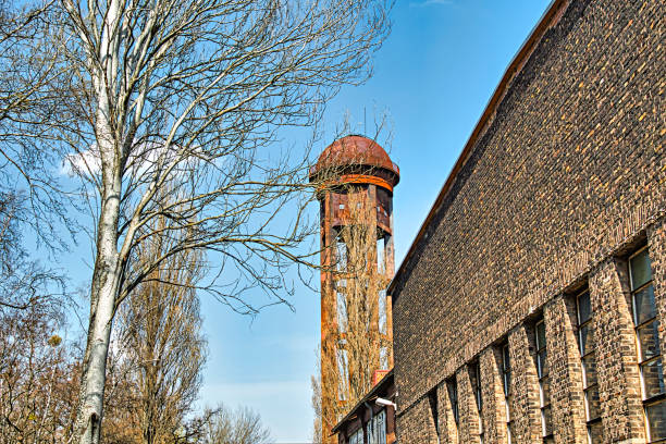 Historic steel water tower on the site of a former freight yard in Berlin.