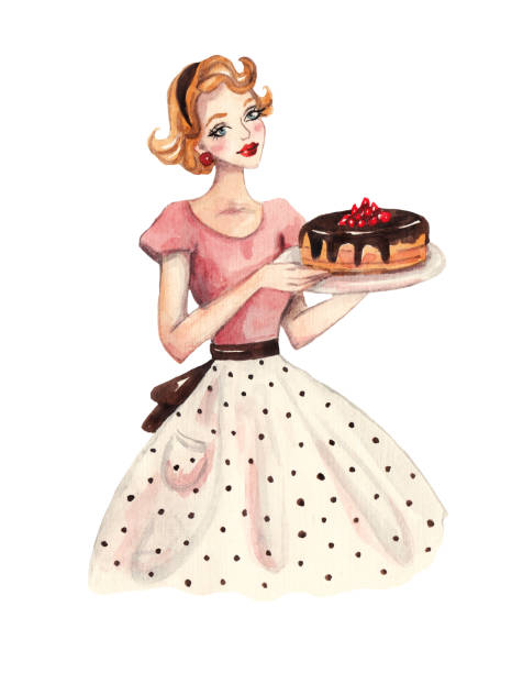 Vintage watercolor illustration on white isolated background. Beautiful girl holds a cake Vintage watercolor illustration on white isolated background. Beautiful girl holds a cake. Girl in vintage clothes 60s style dresses stock illustrations
