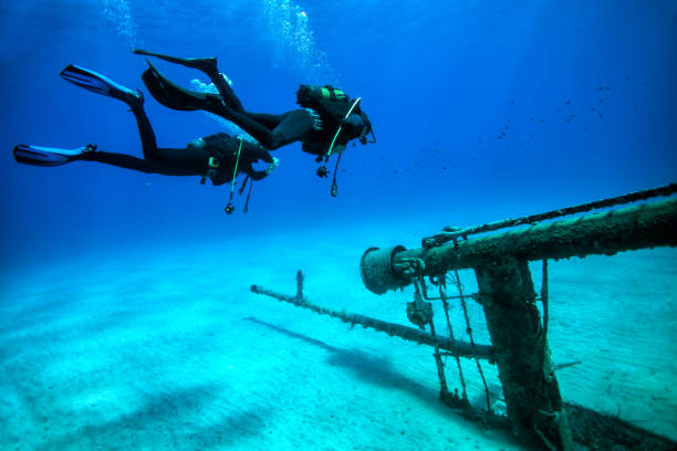 istock Scuba divers at wreck diving 1206646567