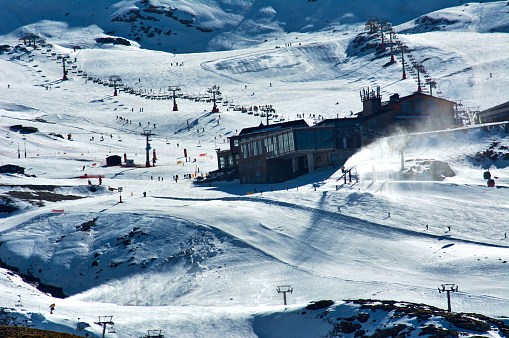 View of the Ski Resort of Sierra Nevada in Granada Spain, In the low Snow season. Using artificial Snow cannons