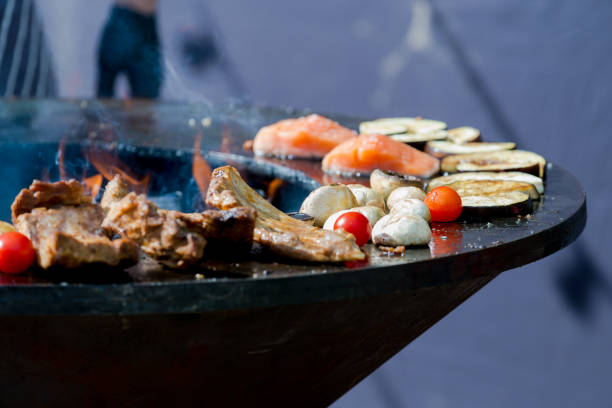 A grilled meat, fish and vegetables, close-up. Charcoal grill. Latvia
