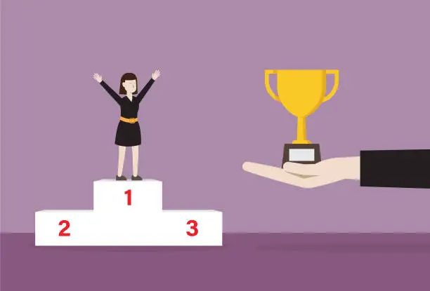 Vector illustration of The manager gives a trophy to a businesswoman standing on a winner podium