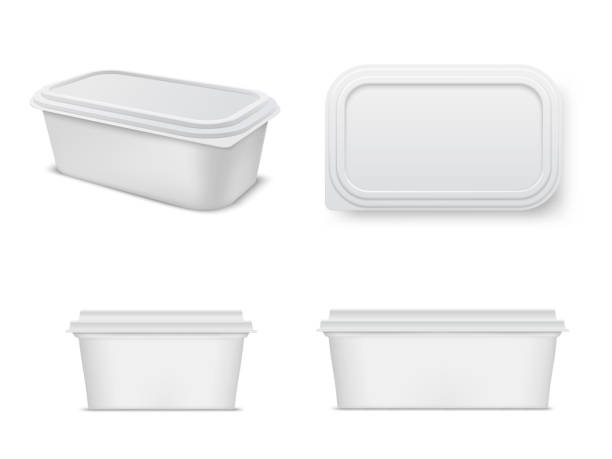 Plastic food container mockup set, storage and packaging Plastic food container mockup set, storage and packaging. Meal package. Business and marketing management concept. Vector illustration polystyrene box stock illustrations