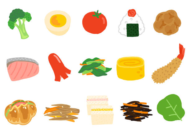 japońskie jedzenie na lunch box zestaw ikon - dodatek do głównego dania stock illustrations