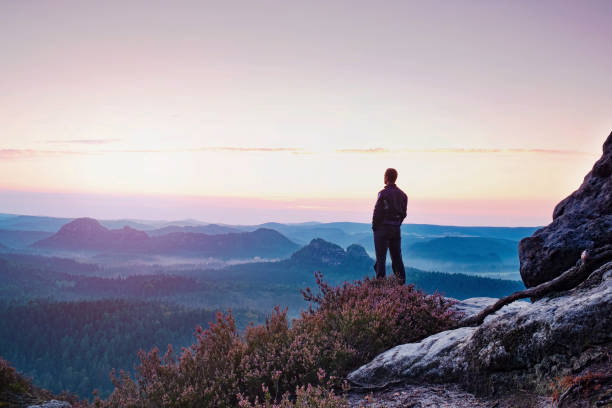 istock Man watch amazing sunrise from heather hill side 1206650440