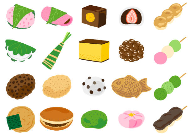 японские сладости "wagashi" вектор набор - wagashi stock illustrations