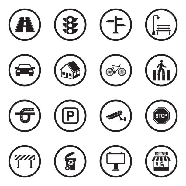 ilustrações de stock, clip art, desenhos animados e ícones de street icons. black flat design in circle. vector illustration. - street furniture traffic lighting equipment urban scene