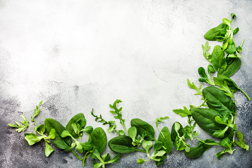 Healthy Food Background Green Fresh Herbs Mix On Gray Background Vegetarian  And Vegan Food Concept Top View Copy Space Stock Photo - Download Image Now  - iStock