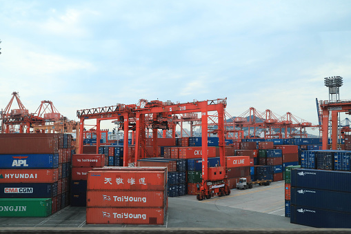 Cargo port of Busan, South Korea, the fifth largest container terminal harbor in the world.