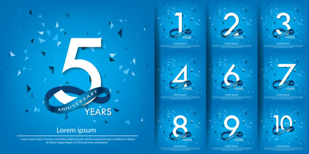 1-10 주년 기념 엠블럼 세트. 블루 서클 리본 기념일 흰색 로고. 웹, 포스터, 전단지, 인사말 카드 및 초대 카드를위한 벡터 일러스트 템플릿 디자인 - number 10 stock illustrations
