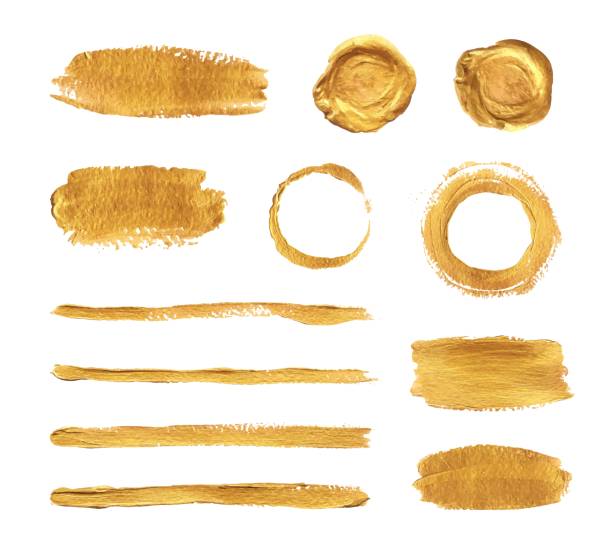 Gold paint brush strokes set. Vector design Gold color paint brush strokes isolated on white background. Set of vector hand drawn design elements set. Premium style golden foil wax stock illustrations