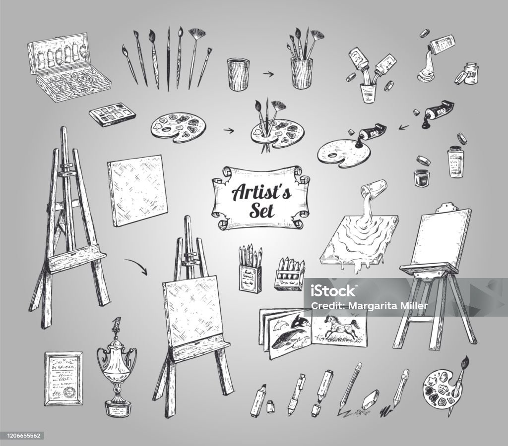 Drawing And Painting Supplies Vector Icons Set Hand Drawn Sketch