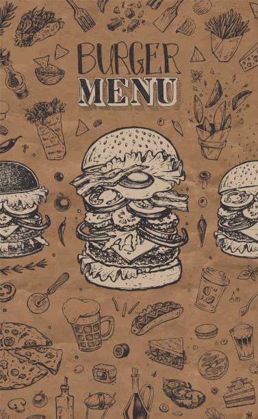 ilustraciones, imágenes clip art, dibujos animados e iconos de stock de cubierta del menú de hamburguesas para el restaurante. diseño vintage - engraving old fashioned cake food