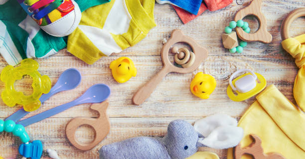 istock Baby clothes and accessories on a light background. Selective focus. 1206656914