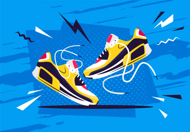 ilustrações de stock, clip art, desenhos animados e ícones de vector illustration of a pair of athletic shoes on an active retro style background - desporto ilustrações