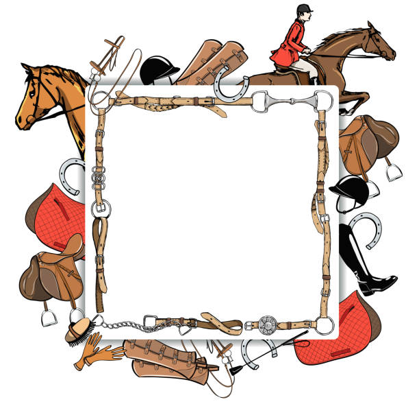 illustrazioni stock, clip art, cartoni animati e icone di tendenza di modello di striscione in stile cavaliere sportivo equestre. cavalieri in legno ripido in pelle cintura telaio bit, sella, staffa, briglia, strumento attrezzatura da equitazione. - steeplechasing