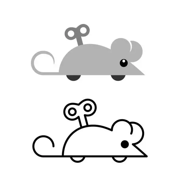 Vector illustration of Clockwork mouse toy icon. Mechanical mice side view silhouette. Winding key in a cartoon mouse back. Adjustable stroke width.