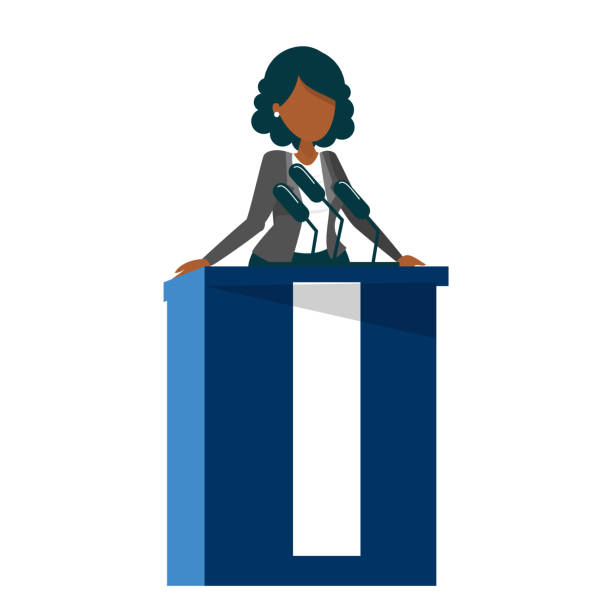 African american woman standing at the tribune African american woman standing at the tribune vector isolated. Female candidate for president speaking to the microphone. Politician speaker. politician stock illustrations