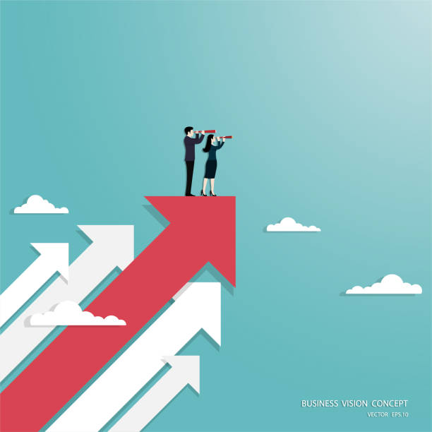 Business vision concept Business vision, Businessteam holding telescope standing on red arrow up go to success in career, Concept business, Achievement, Character, Leadership, Vector illustration flat leadership illustrations stock illustrations