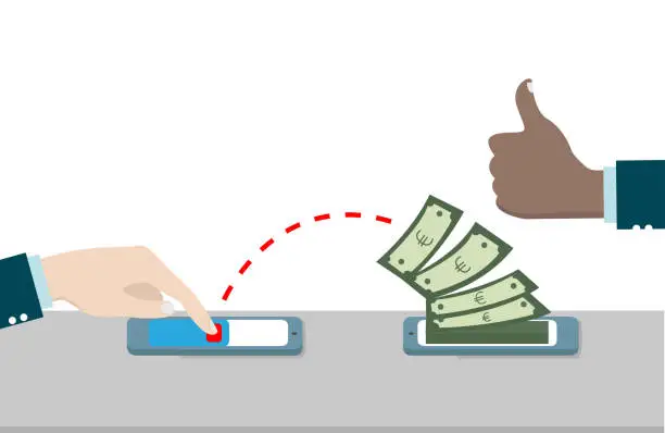 Vector illustration of People sending and receiving money wireless with their mobile phones.