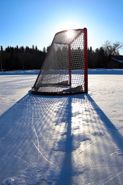 istock Sun silhouetting a empty hockey net on a frozen pond 1206665321