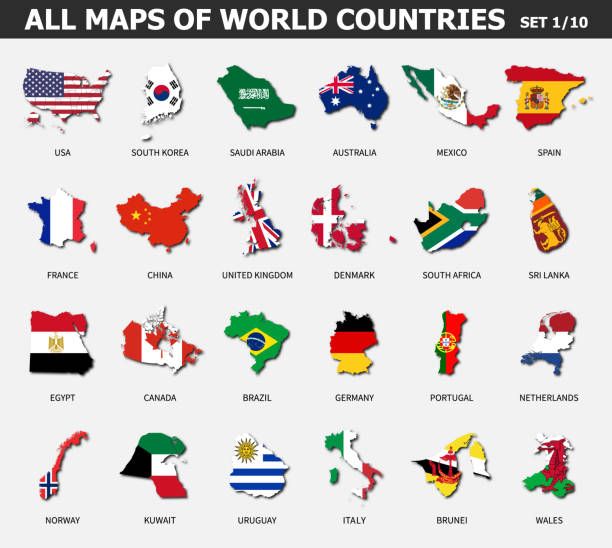 ilustrações de stock, clip art, desenhos animados e ícones de all maps of world countries and flags . set 1 of 10 . collection of outline shape of international country map with shadow . flat design . vector . - portugal norway