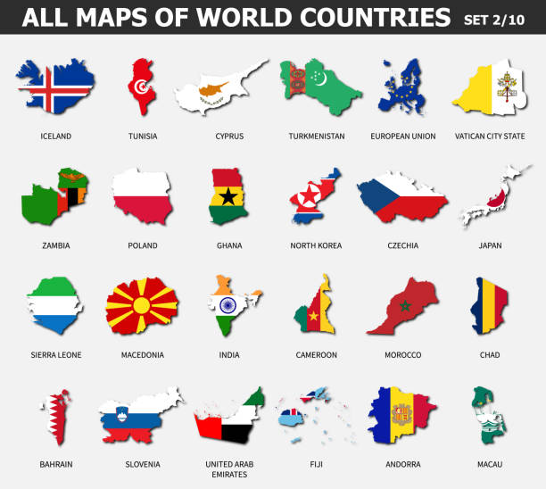 ilustrações, clipart, desenhos animados e ícones de todos os mapas de países e bandeiras mundiais. conjunto 2 de 10 . coleção de forma de contorno do mapa internacional do país com sombra . design plano . vetor. - turquemenistão