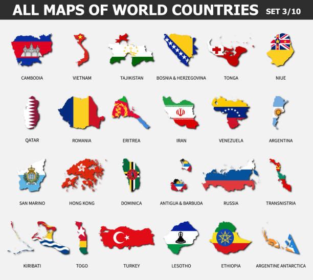 illustrazioni stock, clip art, cartoni animati e icone di tendenza di tutte le mappe dei paesi del mondo e le bandiere . set 3 di 10 . raccolta della forma del contorno della mappa internazionale del paese con ombra. design piatto. vettore. - lesotho