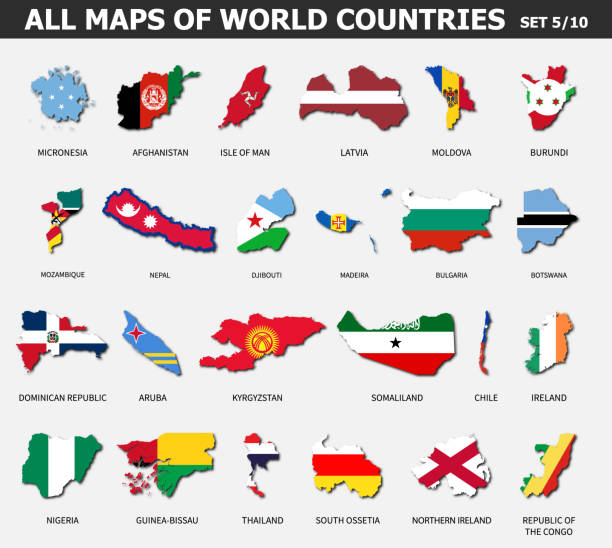 世界の国と旗のすべてのマップ.10 の 5 を設定します。影を持つ国際国マップの輪郭形状のコレクション.フラットデザイン。ベクトル。 - guinea bissau flag点のイラスト素材／クリップアート素材／マンガ素材／アイコン素材