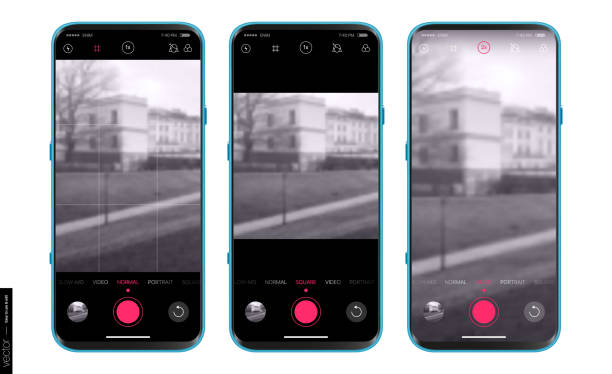모바일 ui ux 디자인 카메라 응용 프로그램. 촬영 모드: 일반, 세로, 정사각형, 비디오 및 고급 설정. 모바일 앱 디자인. 모형 세트 - 사진 메시지 이미지 stock illustrations