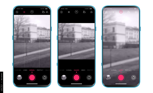 UI UX Design camera app for mobile. Shooting modes: normal, portrait, square, video and advanced settings. Mobile app design. Mockups Set