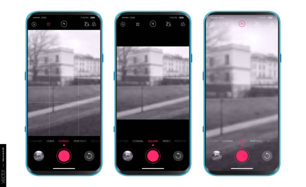 UI UX Design camera app for mobile. Shooting modes: normal, portrait, square, video and advanced settings. Mobile app design. Mockups Set UI UX Design camera app for mobile. Shooting modes: normal, portrait, square, video and advanced settings. Mobile app design. Mockups Set photo messaging stock illustrations