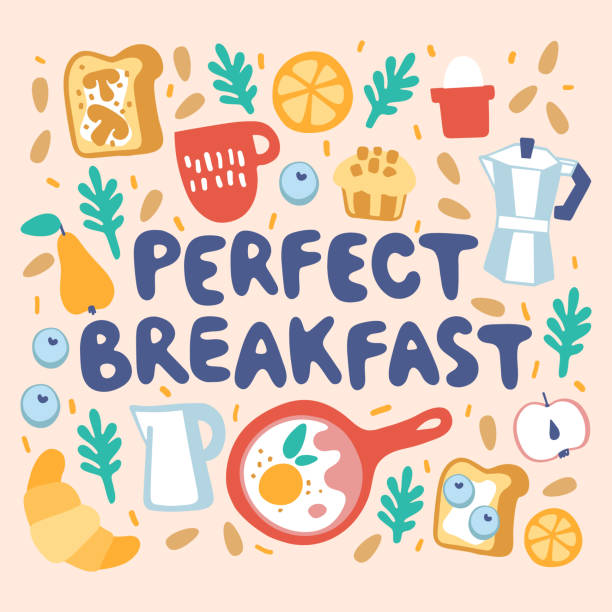 Perfect breakfast lettering Handwritten lettering "perfect breakfast". Inscription surround breakfast items food and drink in doodle style. Colorful tasty clipart. breakfast stock illustrations