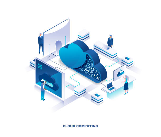 Cloud computing service isometric landing page. Concept of innovative technology for file storage, data center, database, storing digital information on internet. Cloud computing service isometric landing page. Concept of innovative technology for file storage, data center, database, storing digital information on internet. Vector illustration for website. cloud computing illustrations stock illustrations