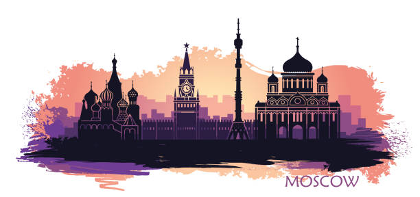 Abstract landscape of Moscow with sights at sunset. with spots and splashes of paint Vector illustration Abstract landscape of Moscow with sights at sunset. with spots and splashes of paint Vector illustration kremlin stock illustrations