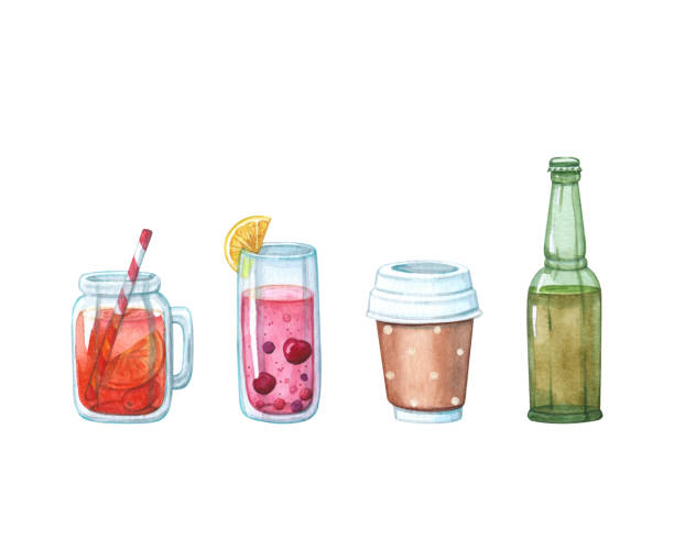 ilustrações de stock, clip art, desenhos animados e ícones de set of juices or cocktails, coffee and beer bottle - food and drink fruit cartoon illustration and painting