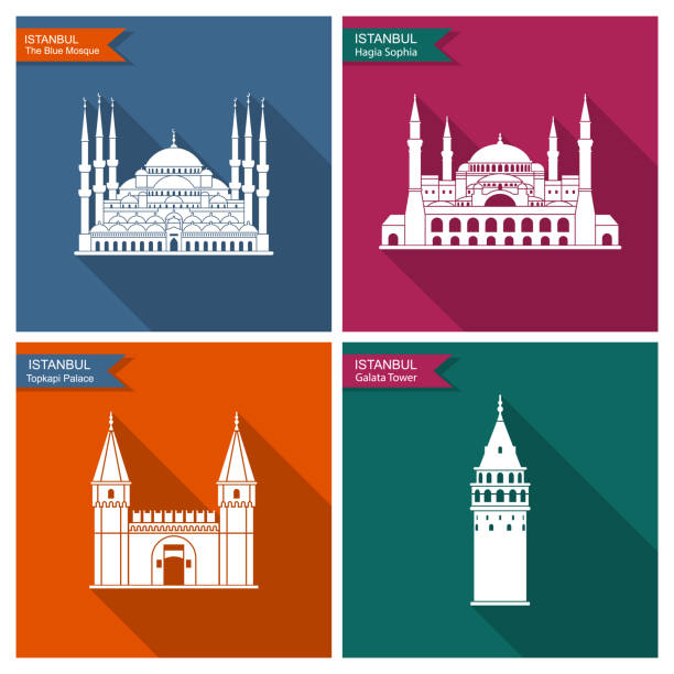 Istanbul landmarks and monuments. Vector flat icons with long shadow Istanbul landmarks and monuments. Vector flat icons with long shadow topkapi palace stock illustrations