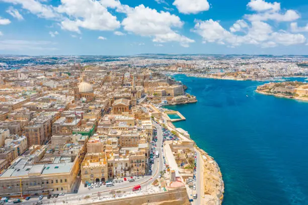 Aerial view of Lady of Mount Carmel church, St.Paul's Cathedral in Valletta city, Malta