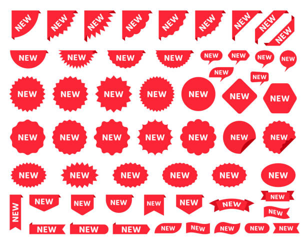 New sticker. Sale price tag product badges. Vector illustration. New sticker. Vector. Sale price tag product. Circle, corner, cloud badges. Red icons promo labels. Starburst shapes isolated on white background. Flat illustration. Set of new arrival pricetag signs. flag buttons stock illustrations