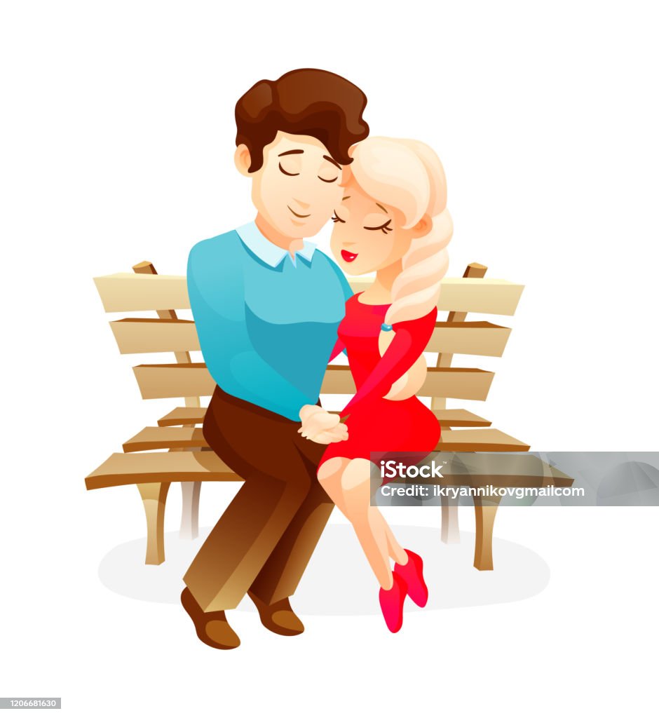 Couple In Love Sitting Hugging On Bench Stock Illustration - Download Image  Now - Adult, Anniversary, Backgrounds - iStock
