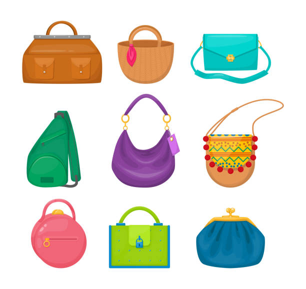 ilustrações de stock, clip art, desenhos animados e ícones de lady accessories bag clutch, hobo, tablet, hippie, sling bag, sports, - travel ipad isolated backpack