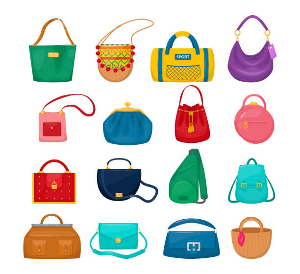 ilustrações de stock, clip art, desenhos animados e ícones de lady accessories bag clutch, hobo, tablet, hippie, sling bag, sports, - travel ipad isolated backpack