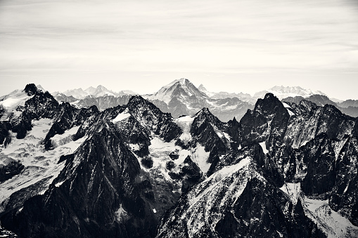 Black and white mountain landscape in the Alps, France.