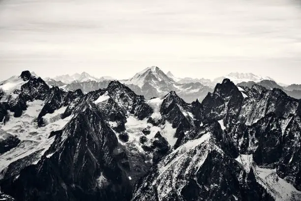Photo of Black and white mountain landscape in the Alps, France.
