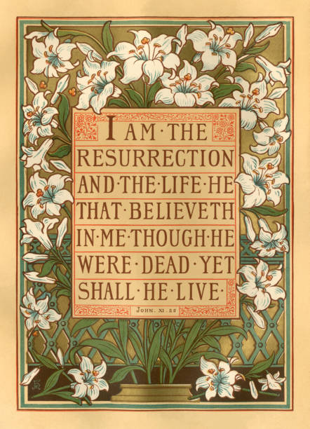 "ich bin die auferstehung und das leben" - viktorianischen bibeltext mit liliengrenze - religiöse darstellung stock-grafiken, -clipart, -cartoons und -symbole