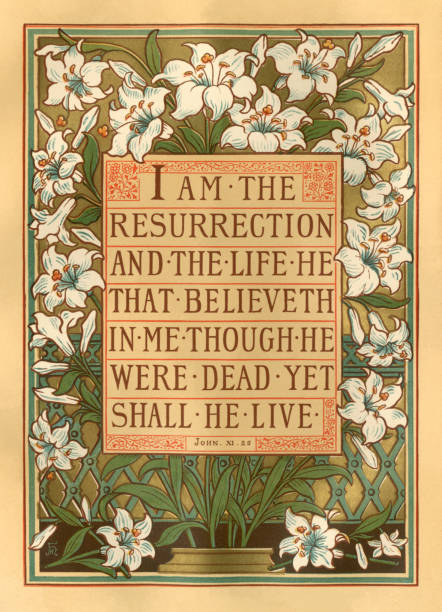 illustrazioni stock, clip art, cartoni animati e icone di tendenza di 'i am the resurrection and the life' - testo biblico vittoriano con bordo giglio - religious illustration